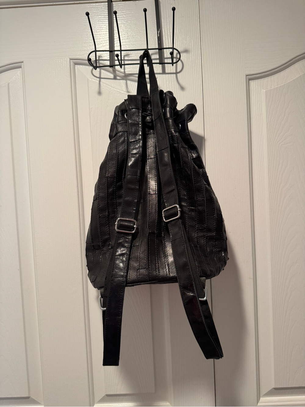 Black Leather Ruffle Drawstring Women’s Backpack - Picture 3 of 8